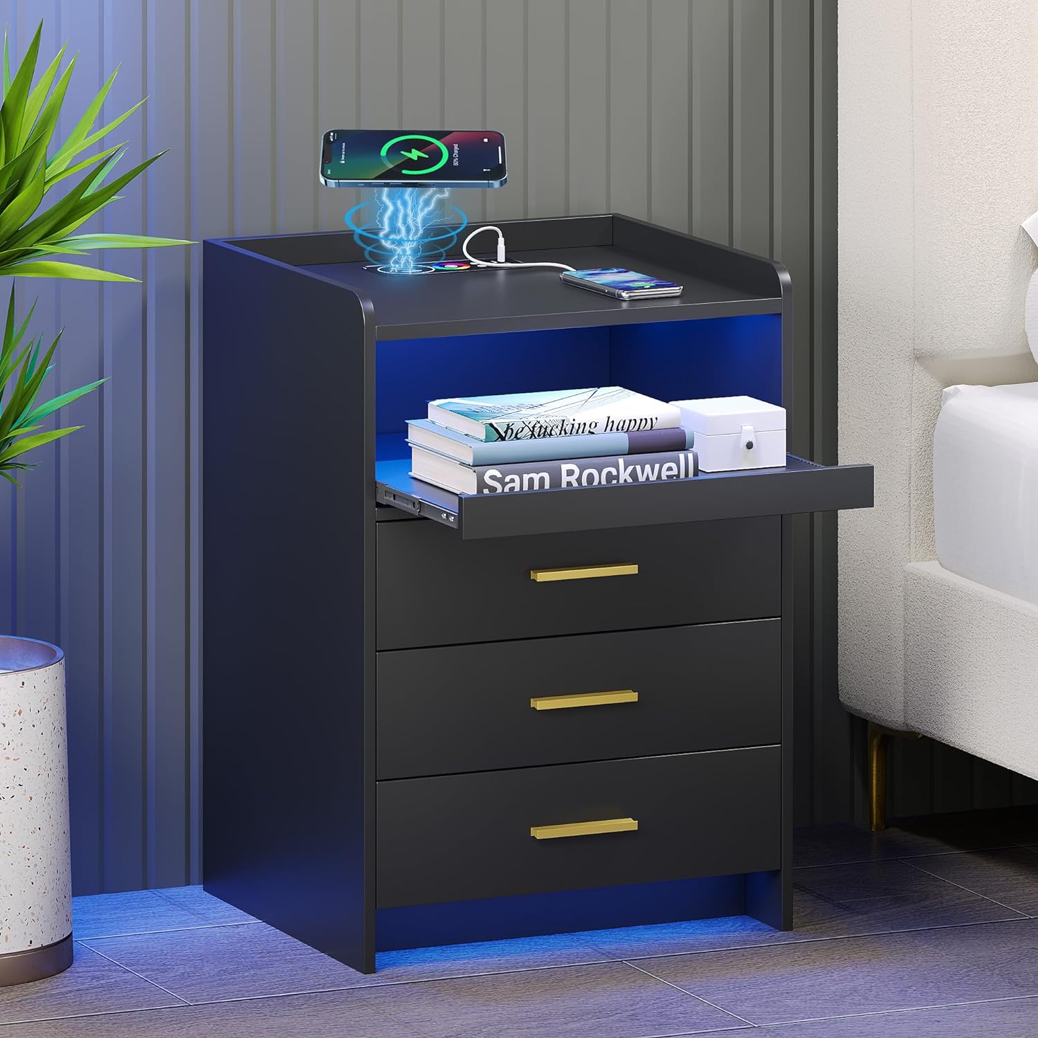 Smart Nightstand for Sofa Table with Human-Body Inductions, Modern Bedroom Furniture with Drawers for Living Room, Black