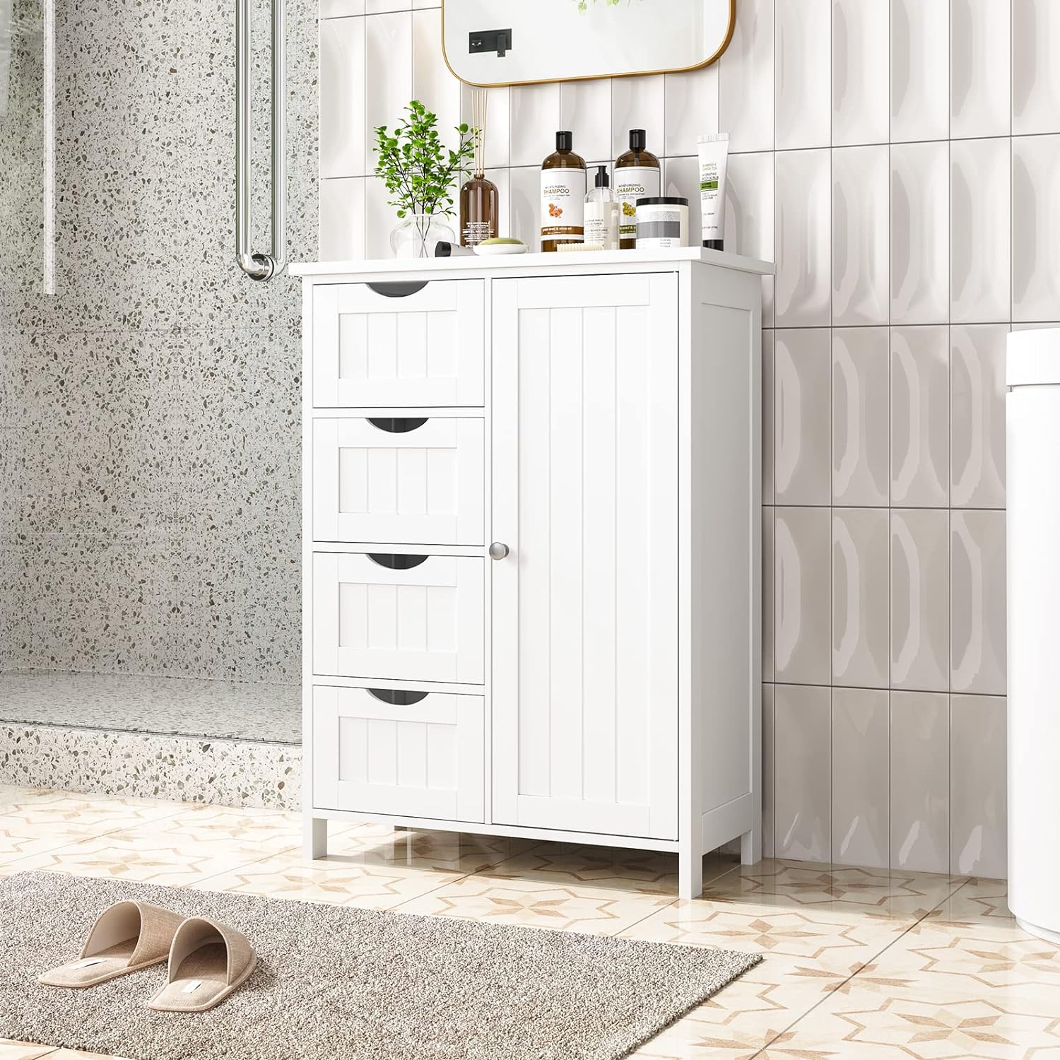 White Freestanding Bathroom Floor Cabinet with 4 Drawers and Adjustable Shelf