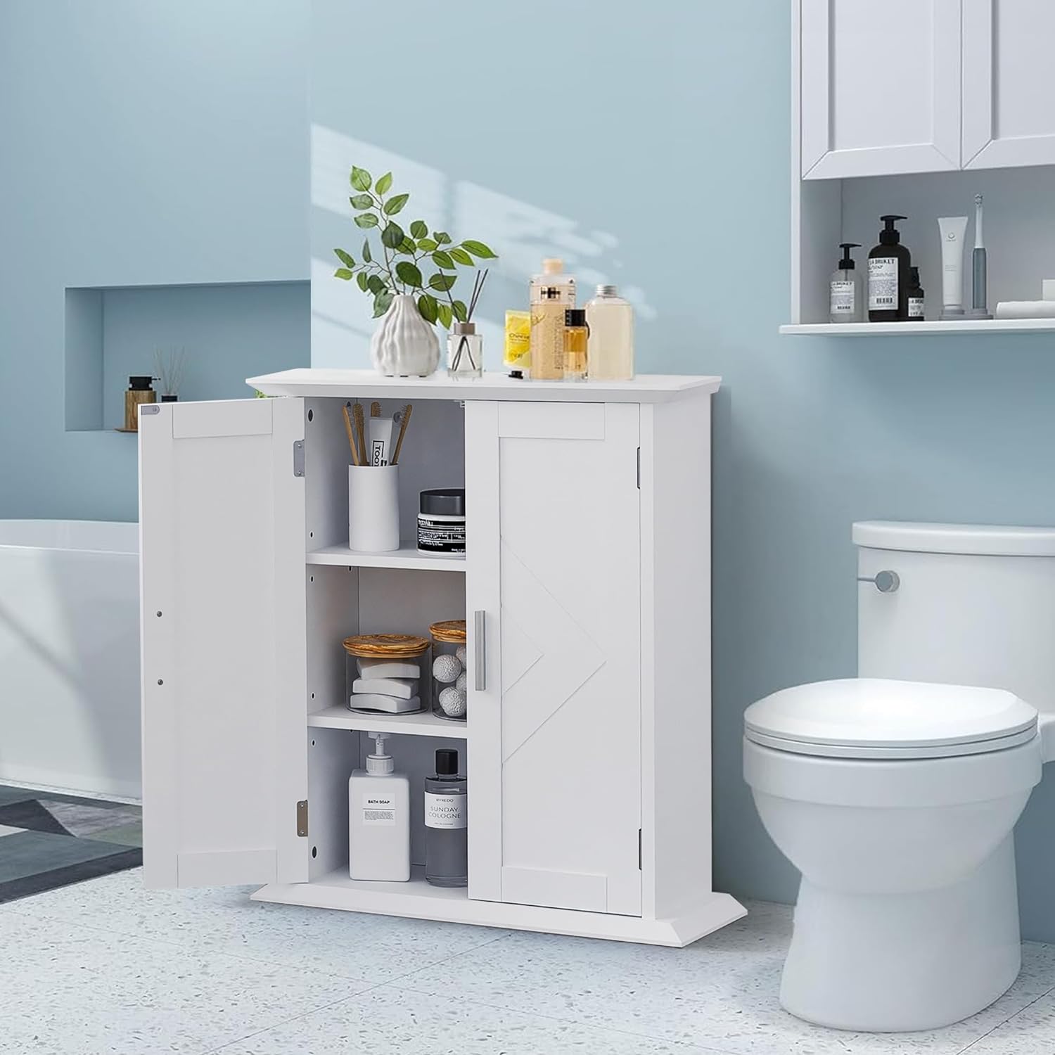 White Bathroom Floor Cabinet with Double Doors and Adjustable Shelves - Freestanding Storage Unit, 21.1inch L x 8.78inch W x 24.02inch H