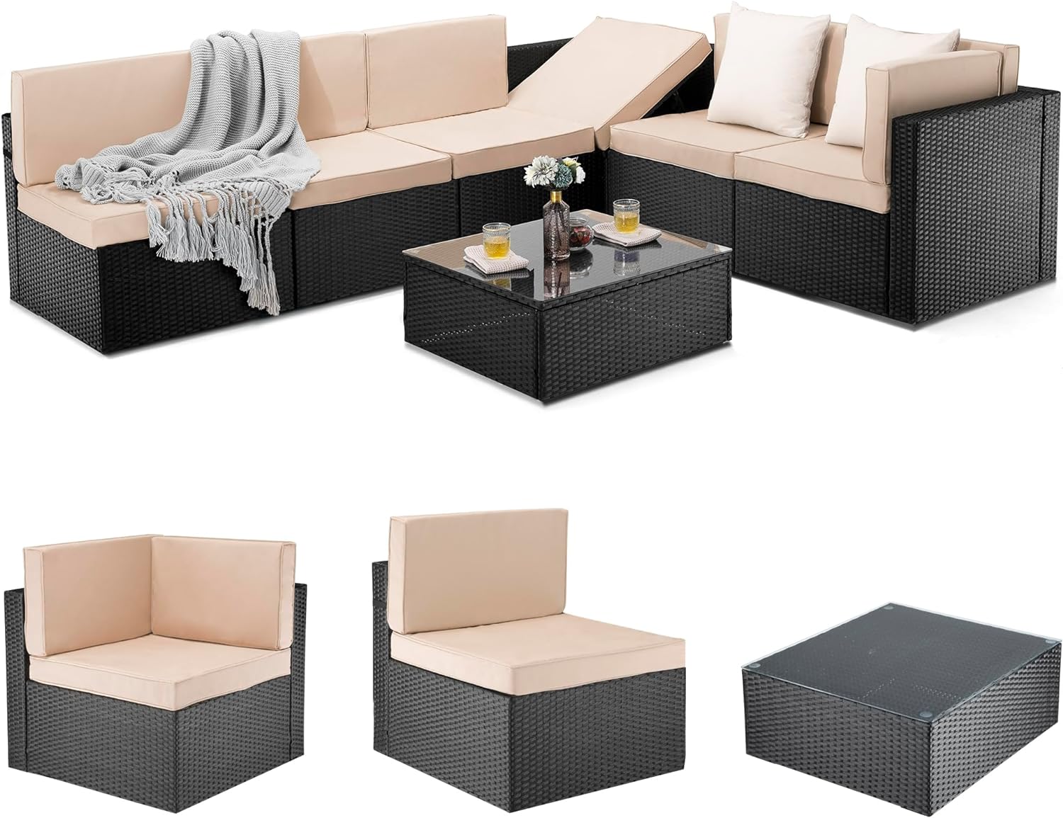 7 Pieces Outdoor Sectional Furniture,Wicker Patio sectional Furniture Sets,All-Weather Rattan Sectional Sofa Conversation Set with Coffee Table and Washable Couch Cushions Covers