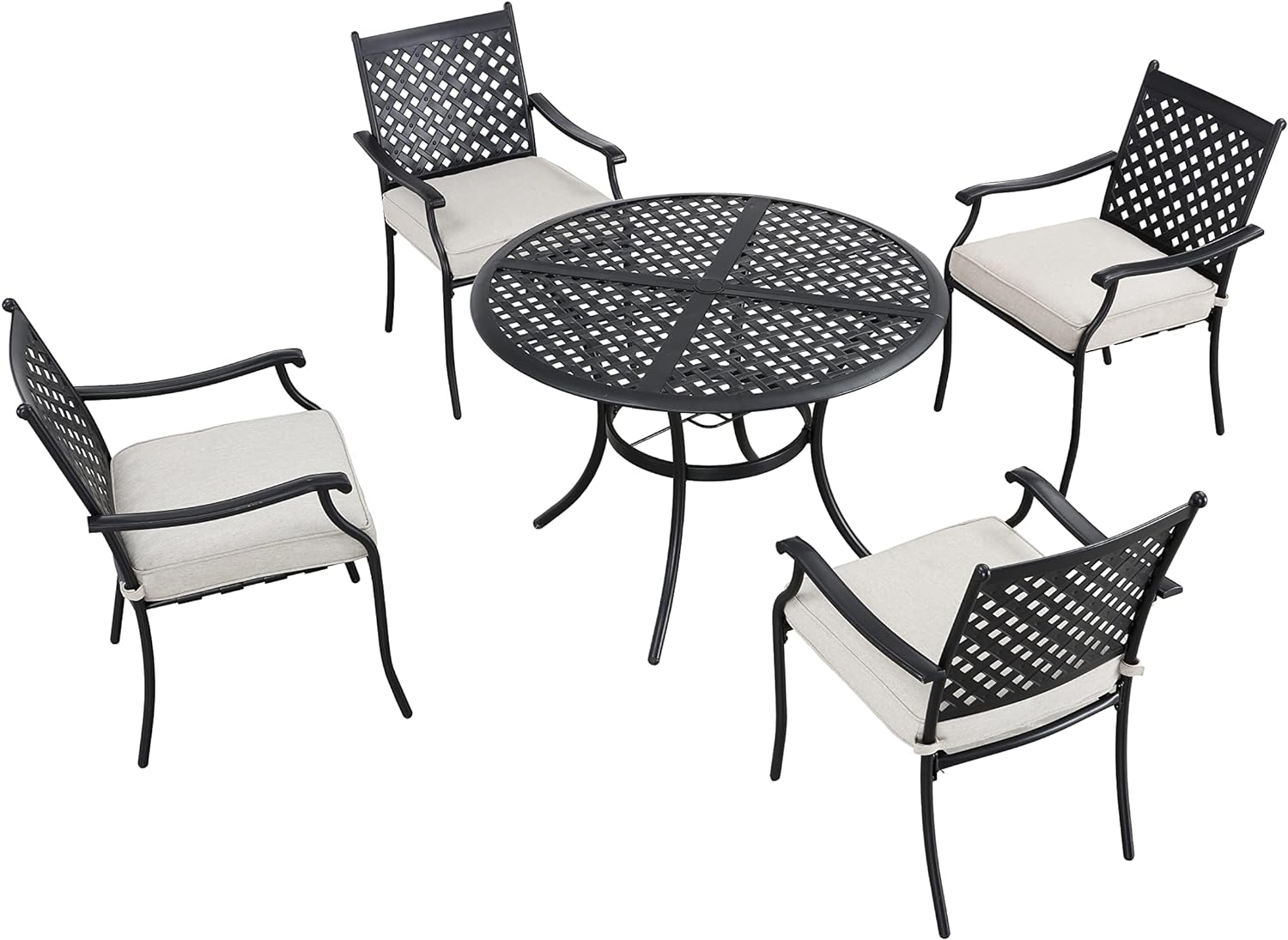 5 PCS Outdoor Patio Dining Set 4 Armchair with Cushions and 1 Round Table with 2.04 Umbrella Hole, Khaki