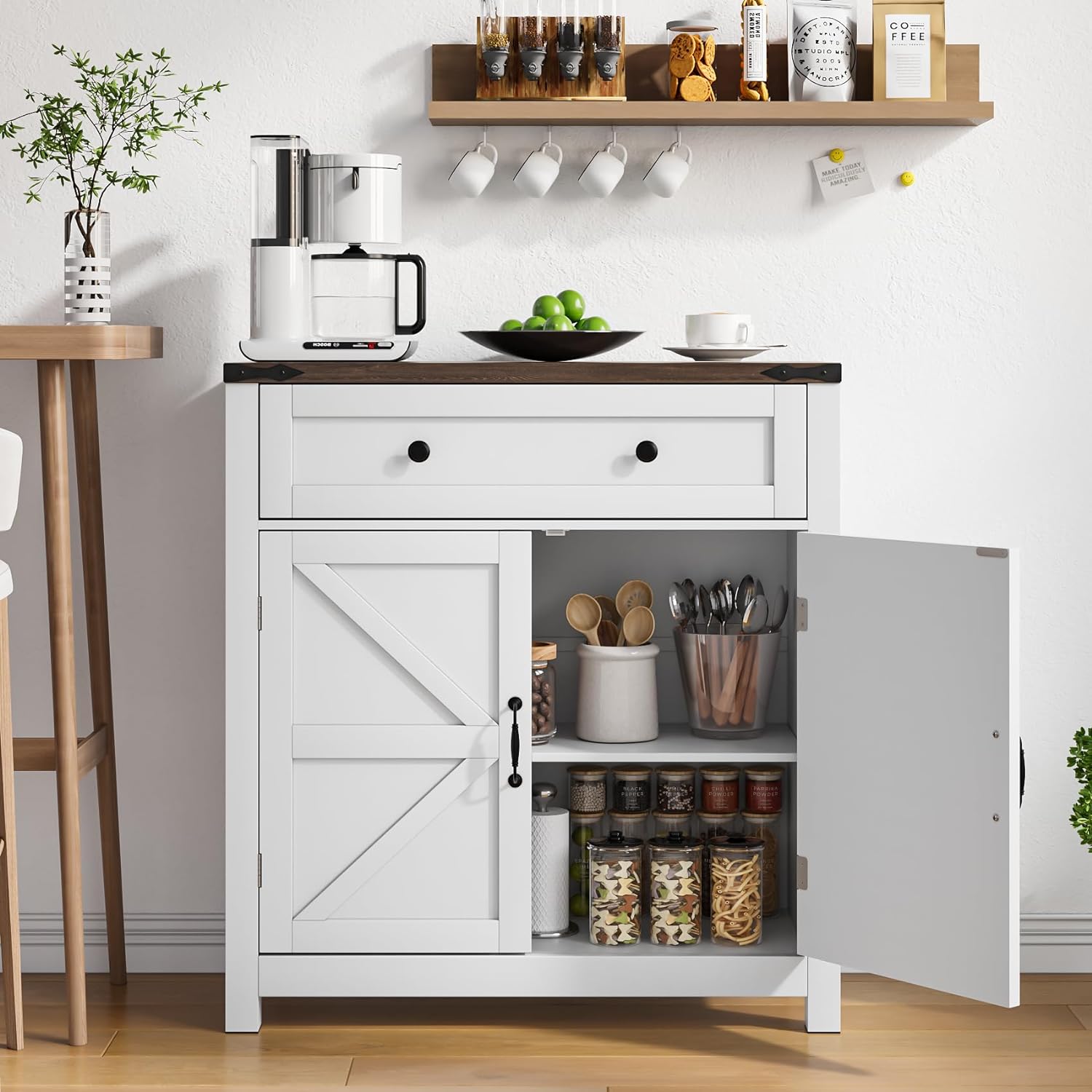 Farmhouse Buffet Sideboard Cabinet with Barn Doors - Walnut Coffee Bar Storage Cabinet for Kitchen, Living Room, Bathroom