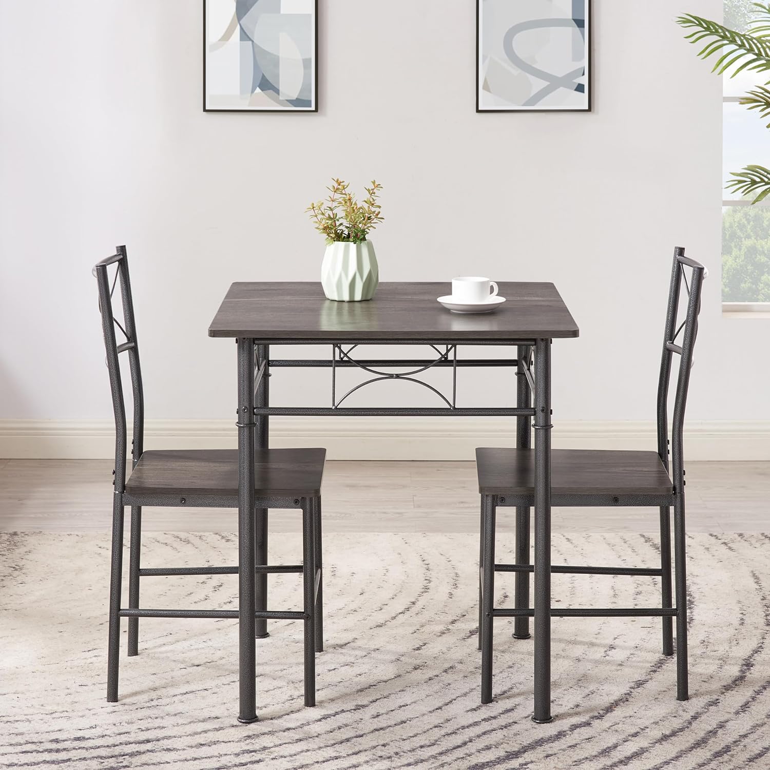 3-Piece Modern Square Dining Table Set with Metal and Wood, Ideal for Kitchen, Dining Room, or Breakfast Nook, Includes 2 Chairs - Gray